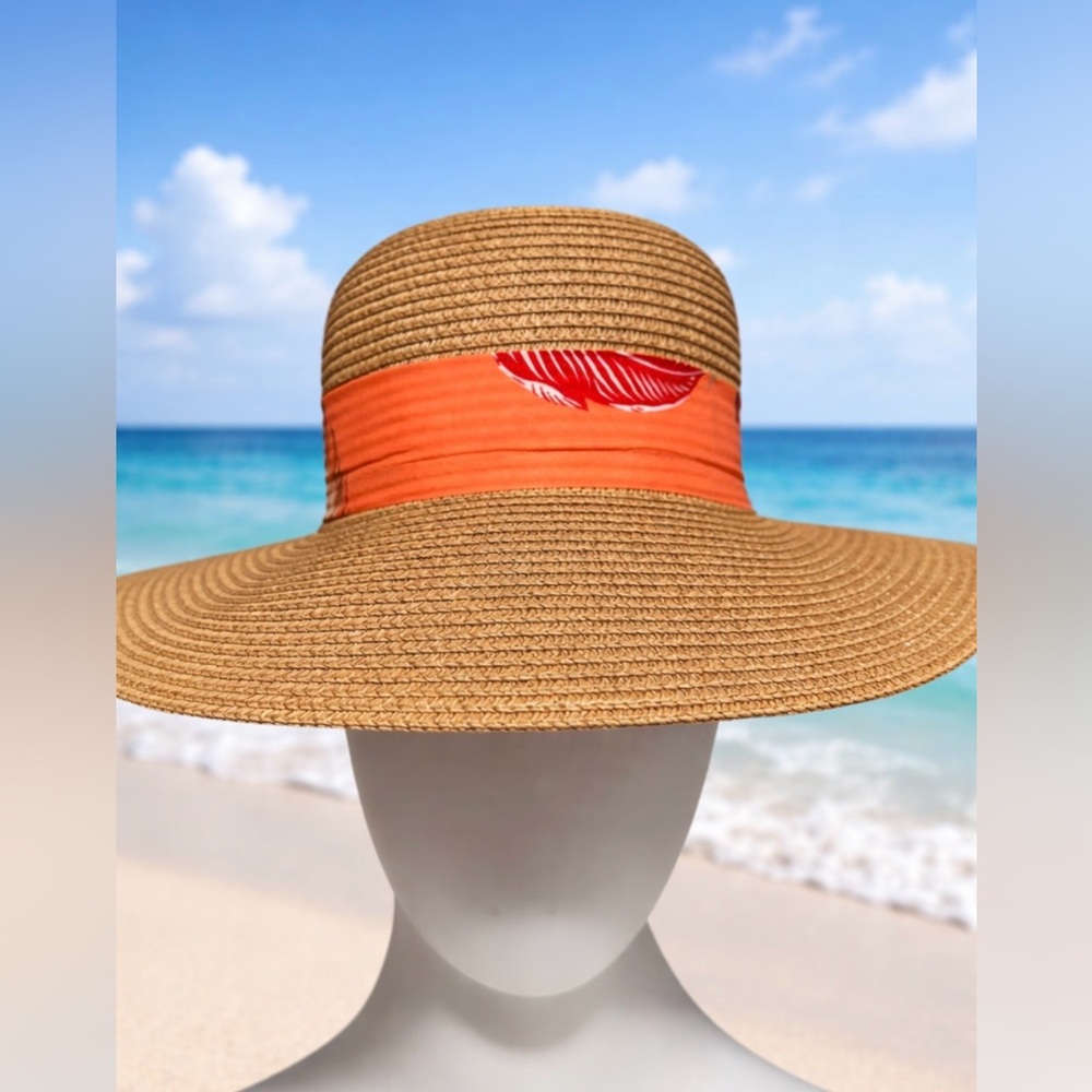 Wide-Brim Hat Sun Hat w Coral Tropical Band NWOT